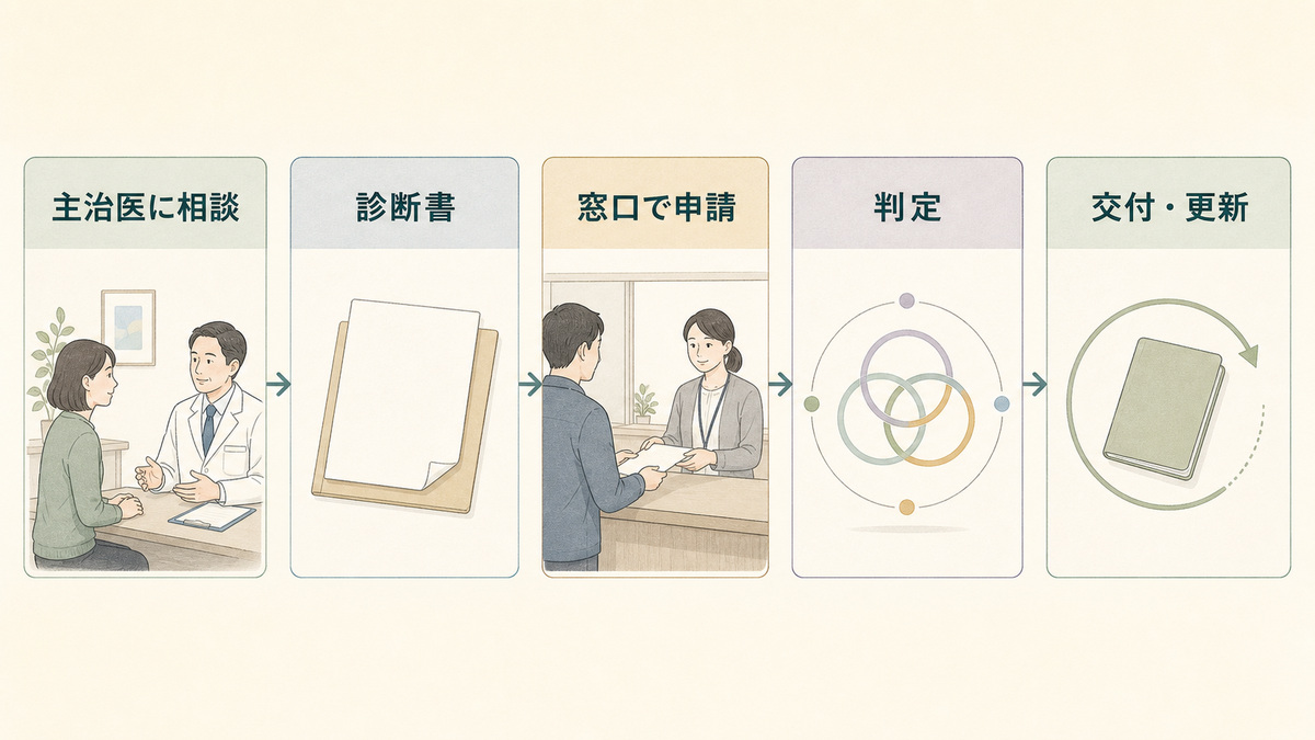 主治医への相談から診断書、窓口申請、判定、交付と更新までを示した手続き図