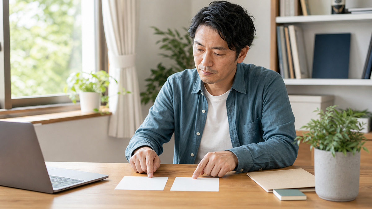 明るい机で二つの選択肢を整理しながら障害者手帳の申請を考える日本人の会社員
