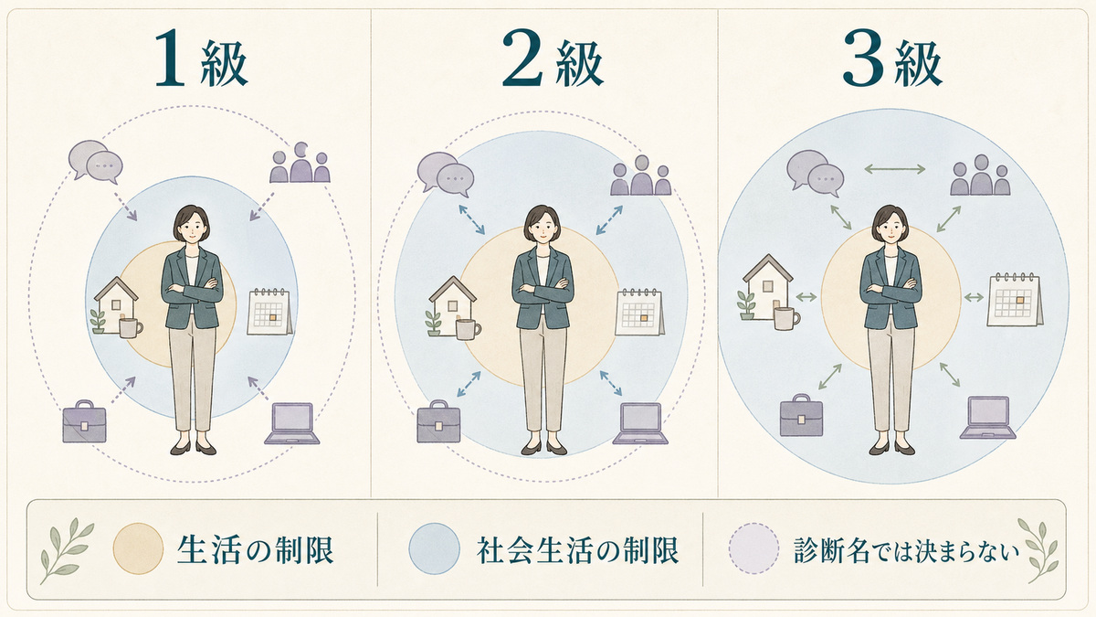 1級・2級・3級を生活と社会生活の制限の程度として抽象的に並べ、診断名だけでは決まらないと示す図解