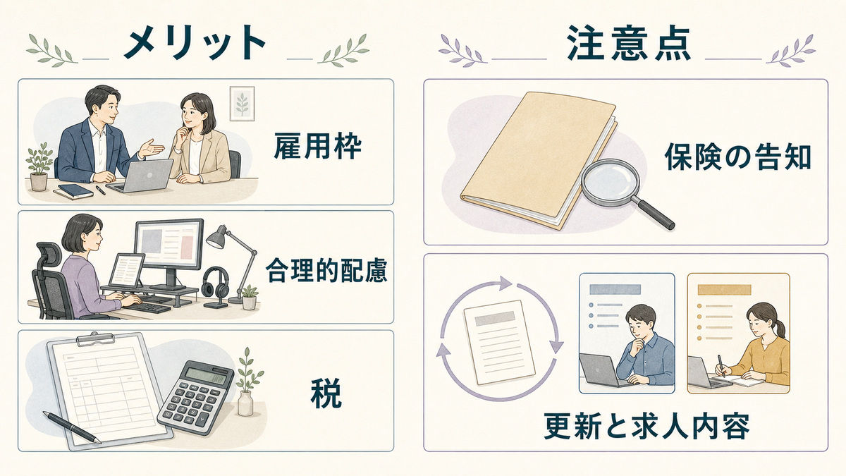 ASDで手帳を取るメリットと注意点を同じ重さで並べ、雇用枠や配慮と保険・更新・求人内容を整理した図解