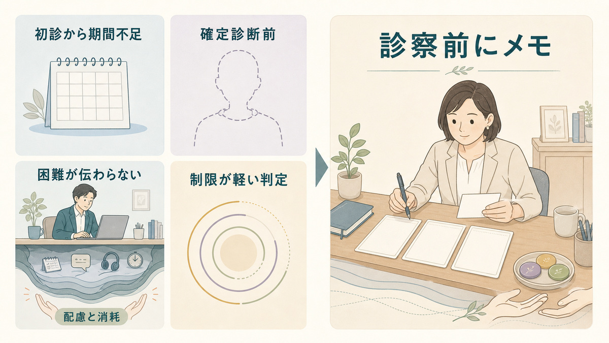 手帳が交付されにくい四つの状況と、見えない配慮や消耗を診察前のメモで伝える対処を示す図解