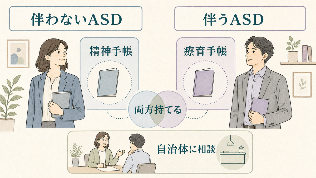 知的障害を伴うASDと伴わないASDで二つの手帳を使い分け、両方持てる場合と自治体相談を示す図解