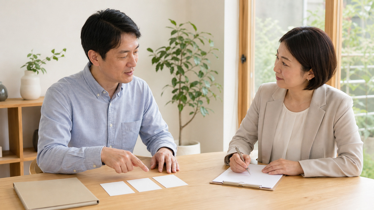 明るい相談室で日常と仕事の困りごとを整理したメモを使い、支援者と次の一歩を相談する日本人の会社員