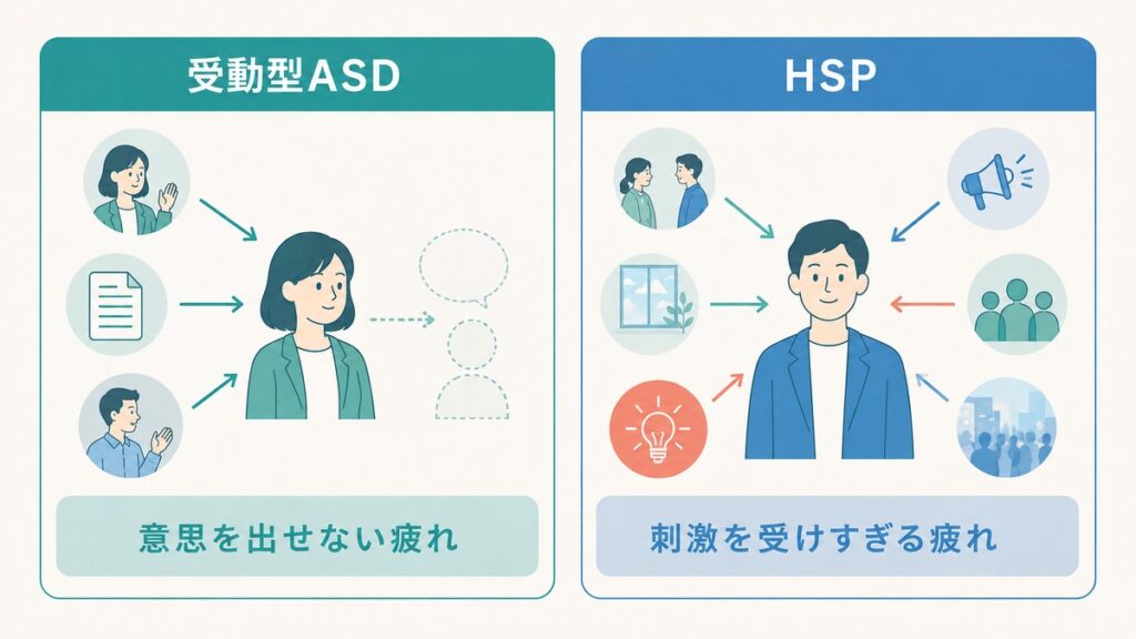 受動型ASDとHSPで疲れが生まれる経路の違いを対等に示す図