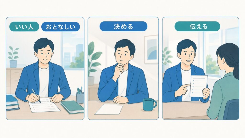 真面目に働く男性が決めて伝える場面で時間を必要とすることを示す図