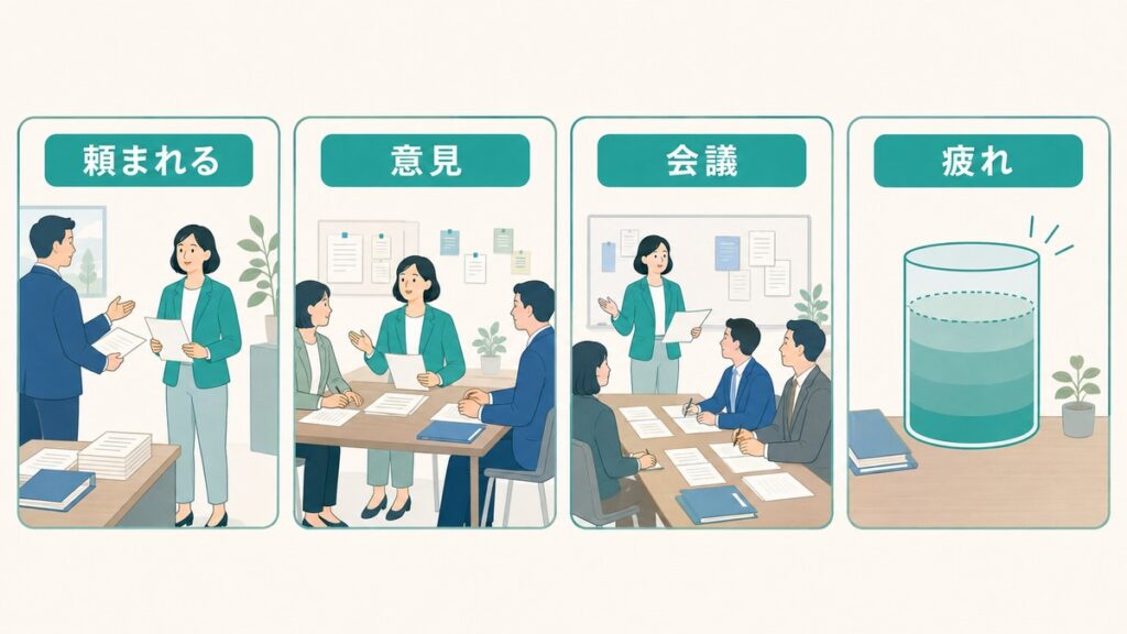 受動型の特徴が表れやすい頼まれごとや意見を求められる場面を示す図