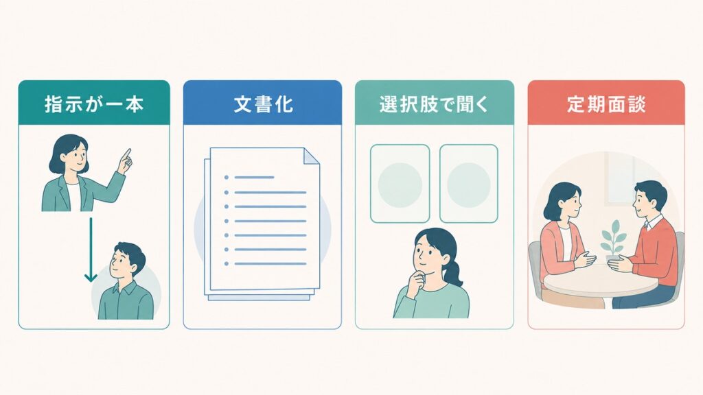 受動型の人が働きやすい四つの職場環境を並べた図