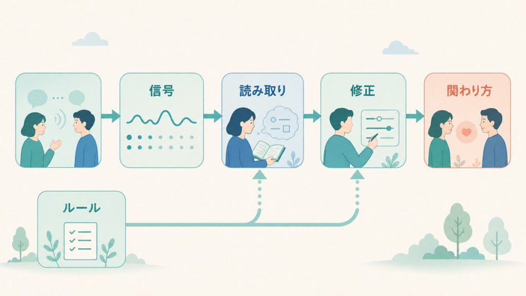 相手の信号を読み取り修正する工程をルールで補う仕組みを示す図