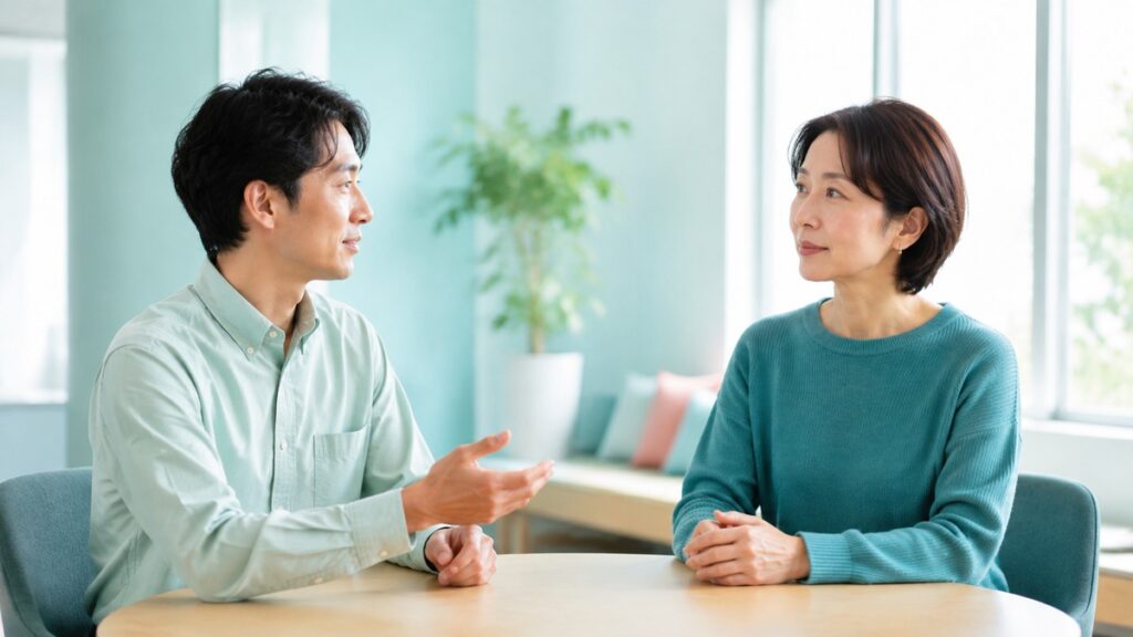 明るい職場で相手と交互に落ち着いて会話する日本人の大人