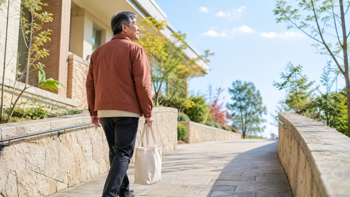 明るい屋外の坂道を自分のペースで歩く50代の男性
