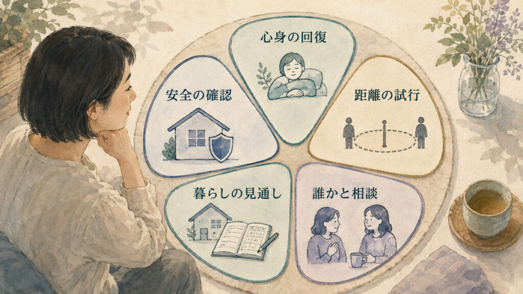 結論を急ぐ前に心身・安全・距離・暮らし・相談を確認する図解
