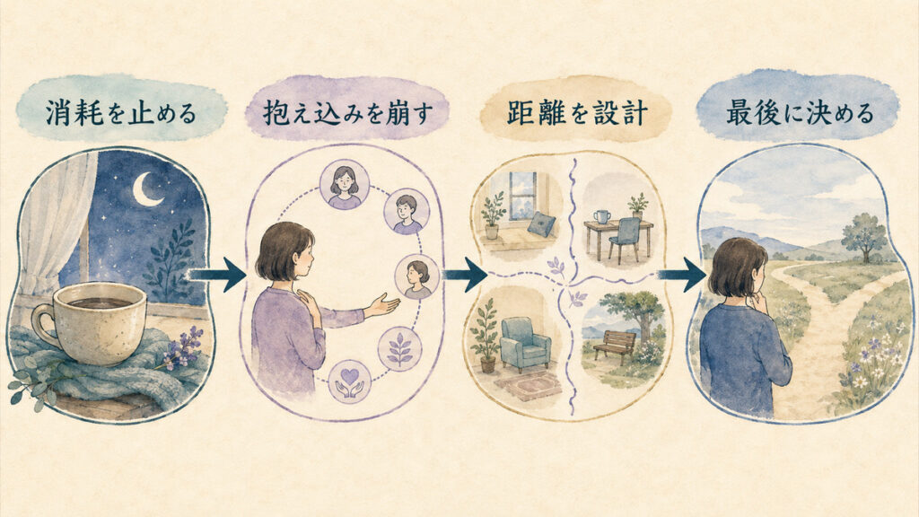 消耗を止めることから最後に決めるまでの順番を示す4ステップ図