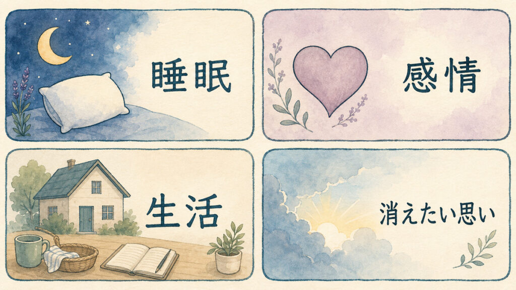 睡眠・感情・生活・消えたい思いの4つを並列に整理した図解