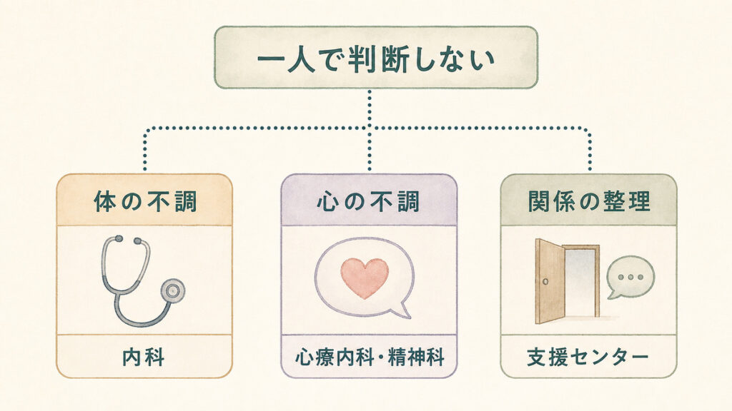 一人で判断せず、体の不調は内科、心の不調は心療内科・精神科、関係の整理は支援センターへ相談する切り分け図