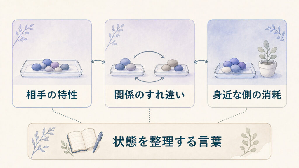 相手の特性、関係のすれ違い、身近な側の消耗がつながり、状態を整理する言葉として捉える構造図