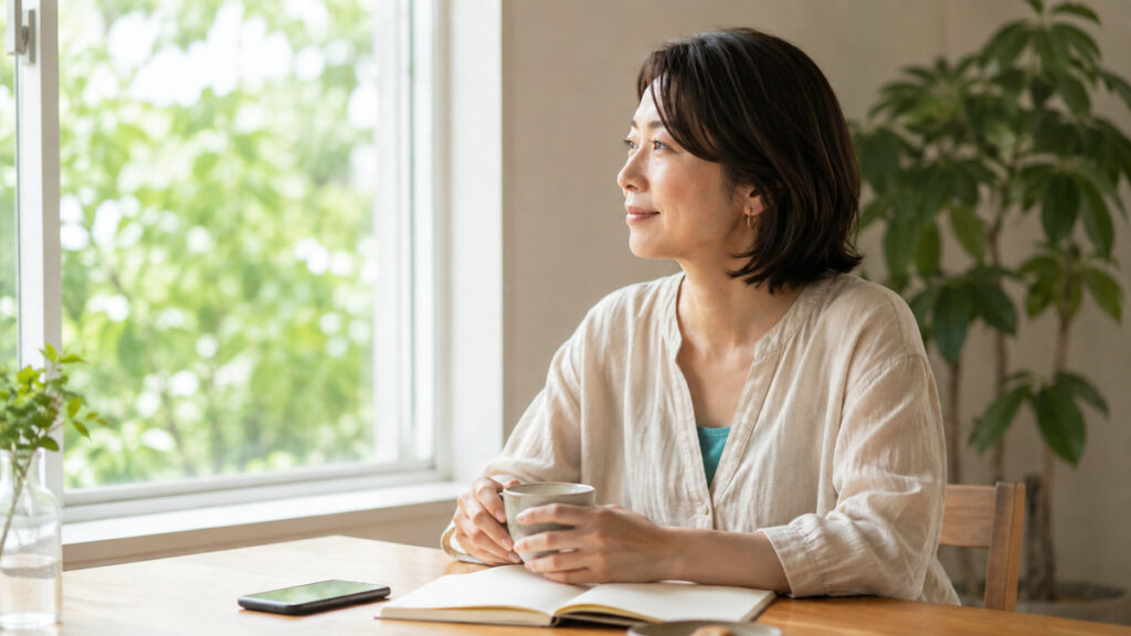 明るい窓辺で一人の時間を取り戻し、温かい飲み物と本を前に穏やかに過ごす日本人の成人女性