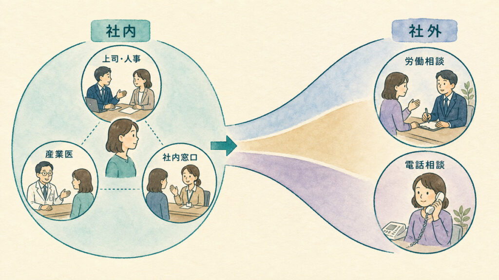 上司・人事や産業医などの社内相談から社外の労働相談へ広がる経路図