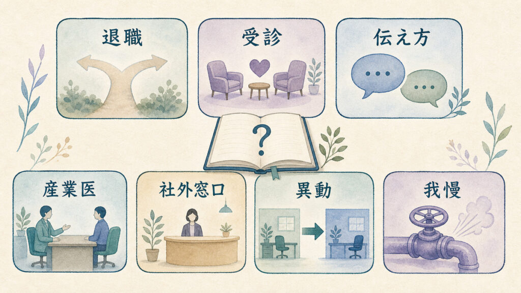 退職・受診・伝え方・産業医・社外窓口・異動・我慢に関するFAQ図解