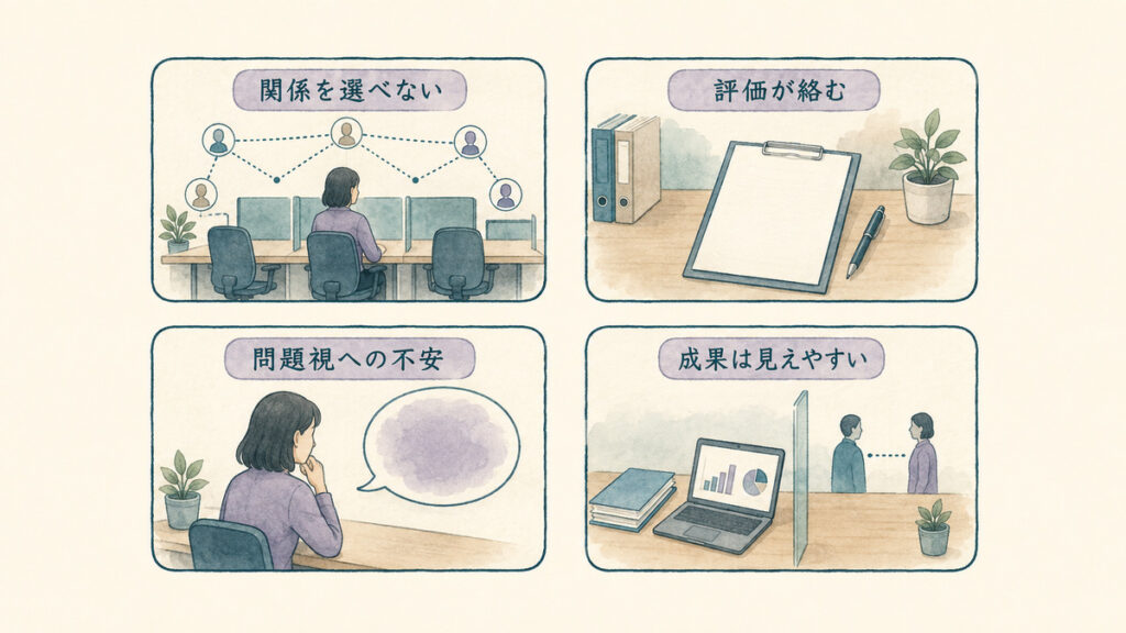 関係・評価・周囲の見方・成果の見え方という職場特有の4つの事情を並列に示す図解