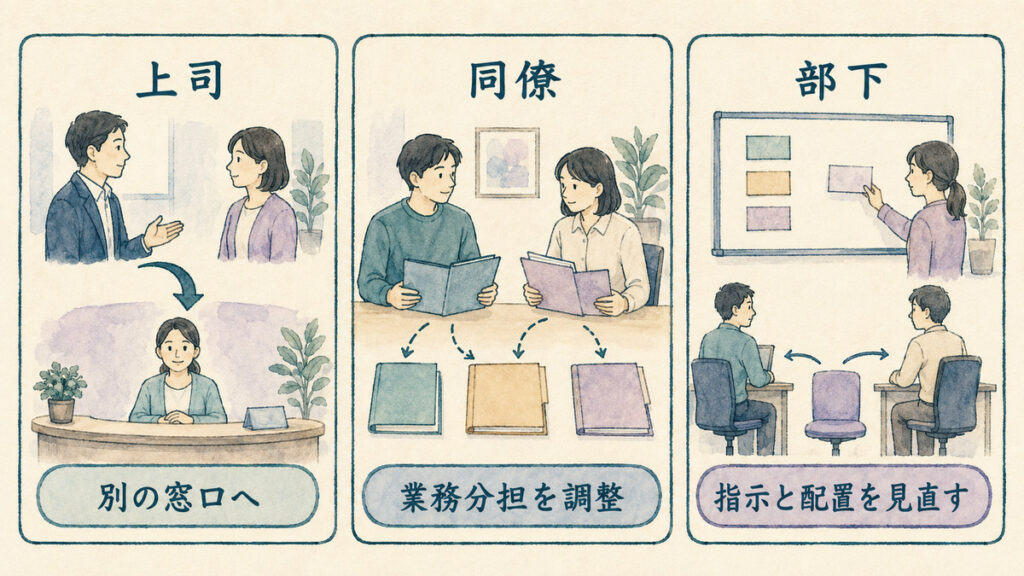 上司・同僚・部下の立場ごとに異なる職場での対応方法を横並びで示す図解