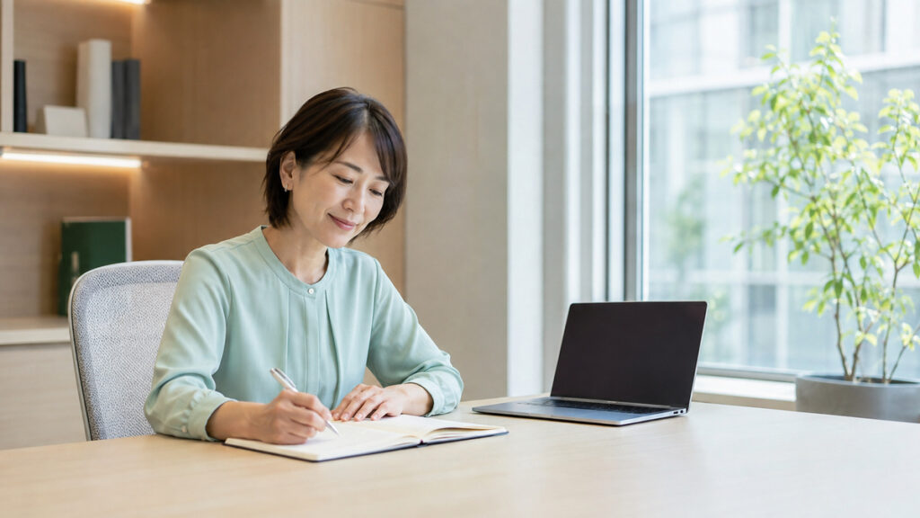明るく整えたオフィスで自分に合う働き方を取り戻し落ち着いて仕事をする日本人女性