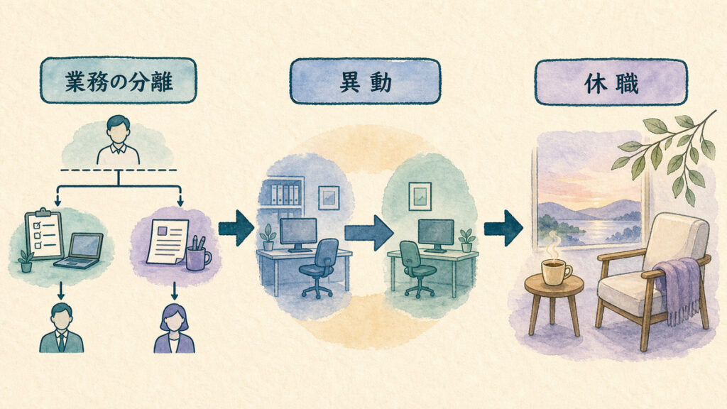 退職を決める前に業務の分離から異動、休職へ進む順番を示す図解