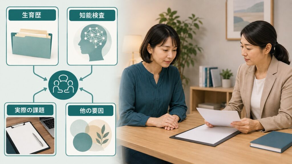 医師と本人が四つの材料を組み合わせて困りごとを整理する図