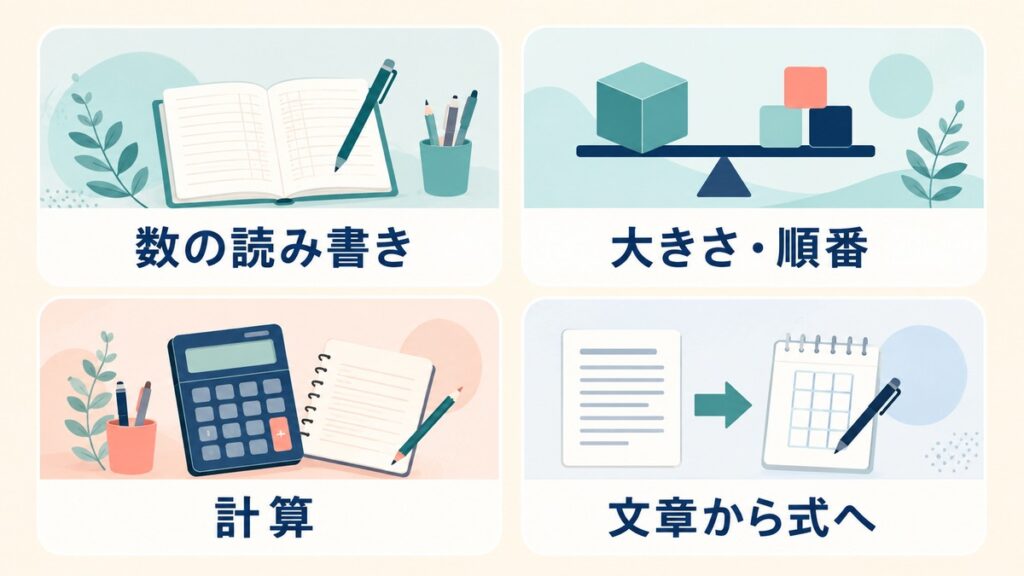 大人の算数の困りごとを四つの領域に分けて整理した図