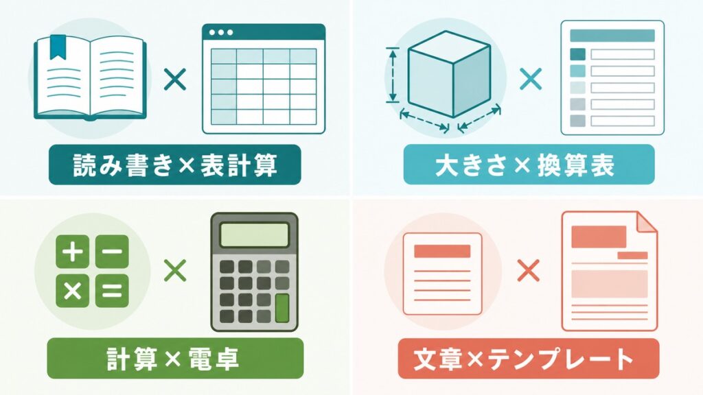 算数の四つの領域に表計算・換算表・電卓・テンプレートを対応させた図