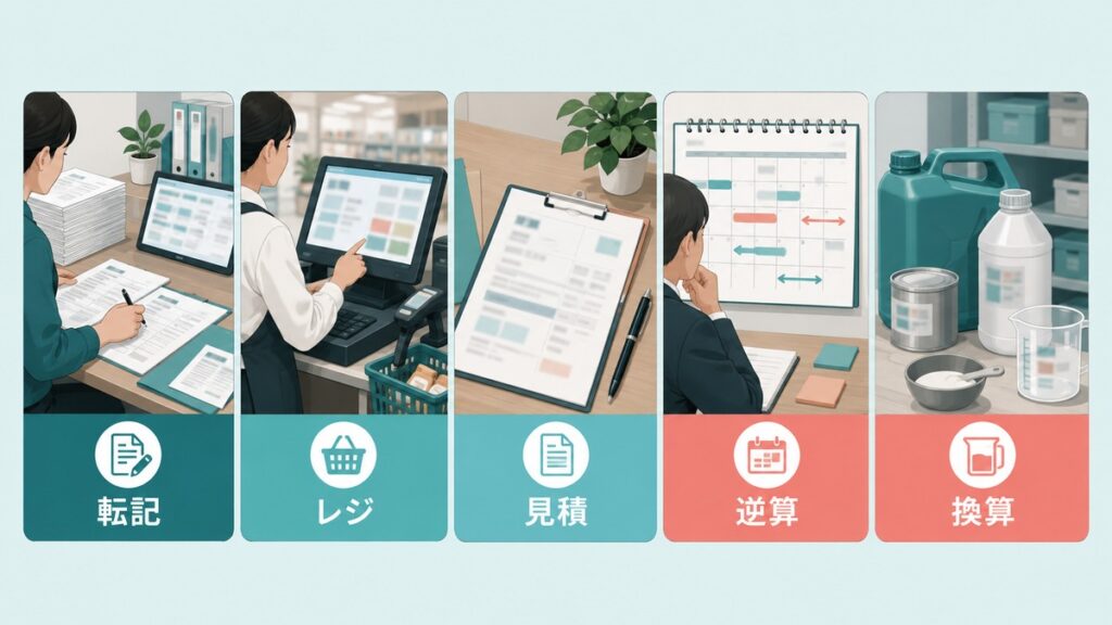 大人の算数の困りごとが表れやすい五つの仕事場面を示す図