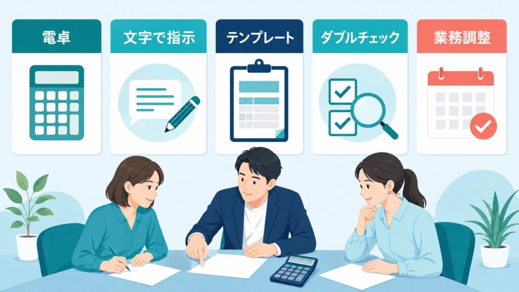 数字の仕事を本人だけに背負わせない五つの職場配慮を示す図