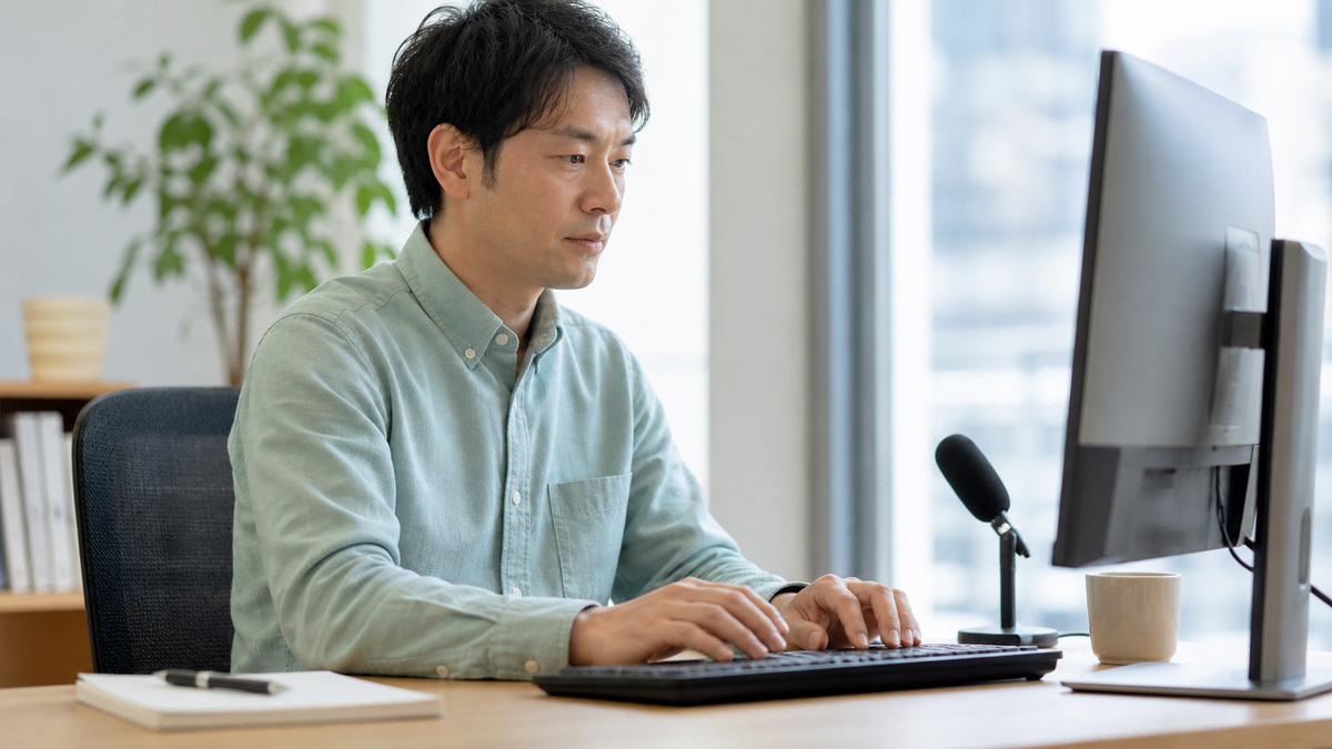 明るい職場でキーボードと音声入力を使い、考えを文章にまとめる日本人の会社員