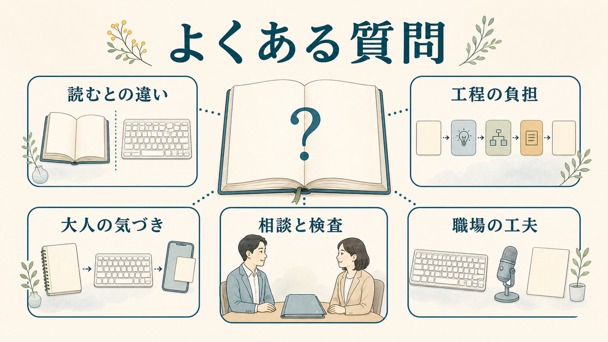 読むとの違い、工程の負担、大人の気づき、相談と検査、職場の工夫をノートの周囲に整理したFAQ図解