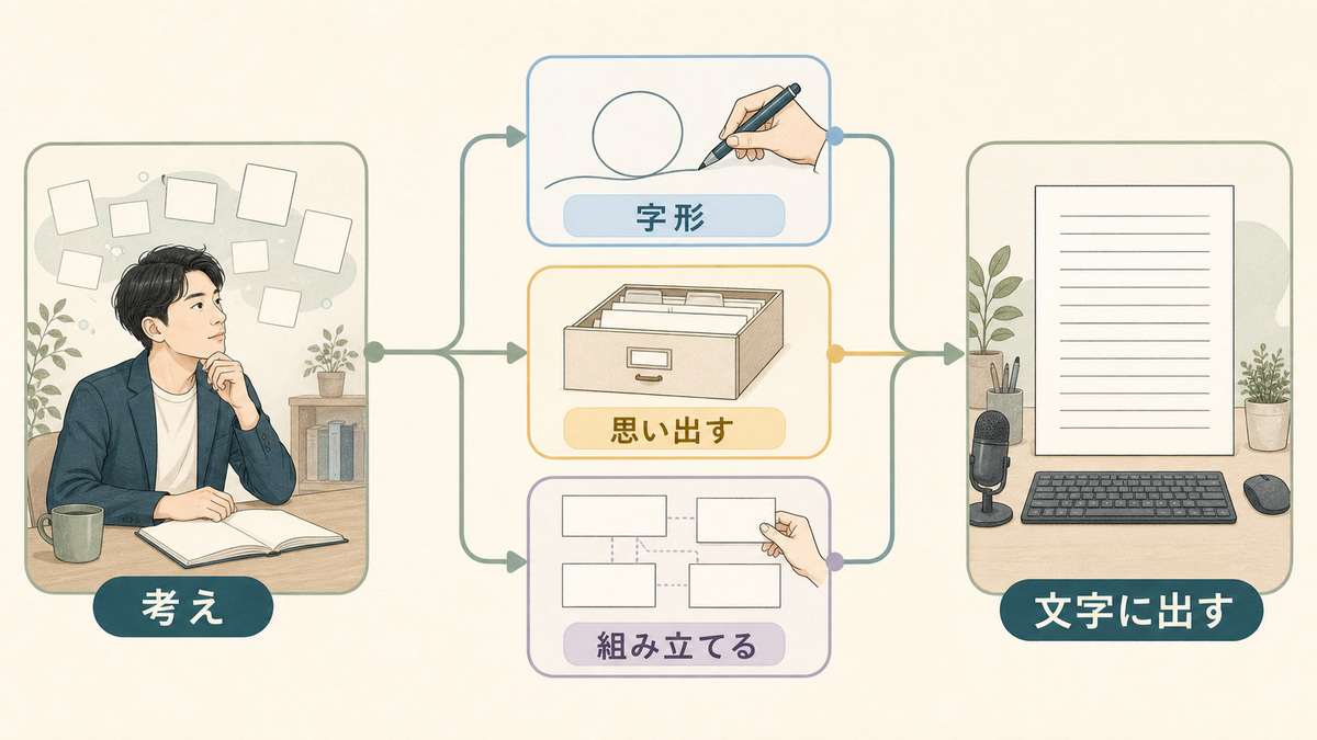 頭の中の考えを、字形・想起・文章構成の工程を通して文字に出す流れを示した図解