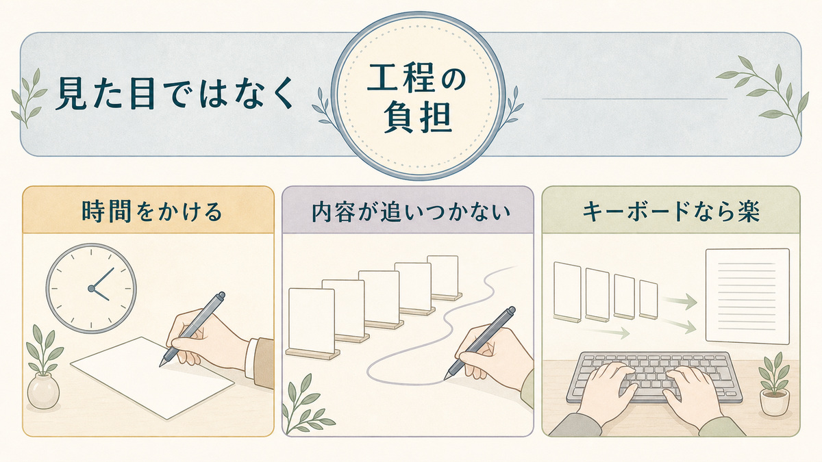 文字の見た目ではなく、時間・内容・キーボードによる工程の負担の違いを示した図解