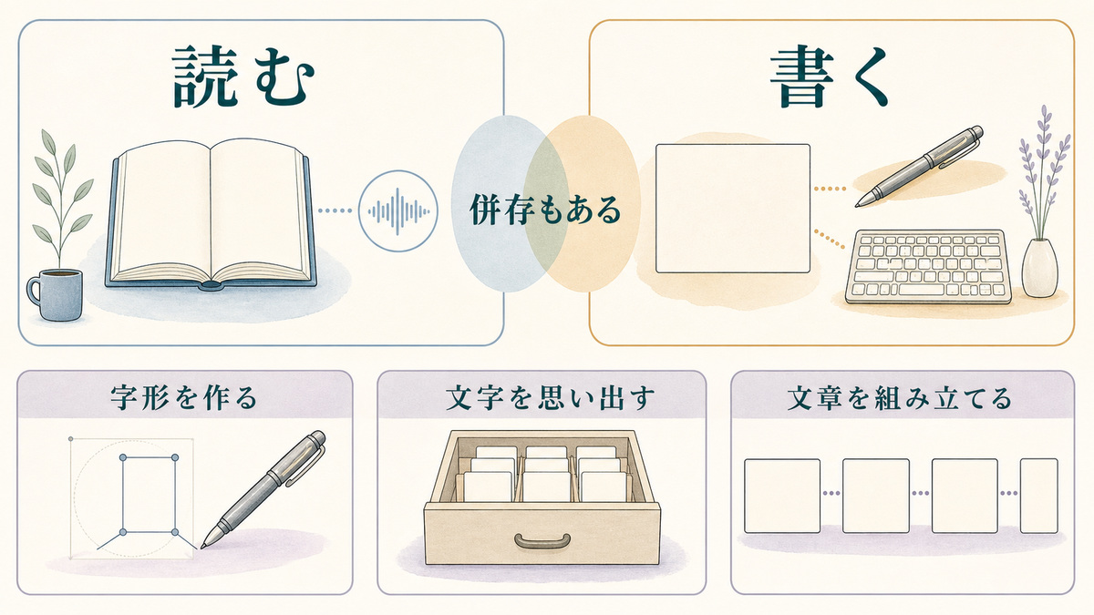 読む困難と書く困難を対等に並べ、書く工程の三つの側面と併存を示した図解