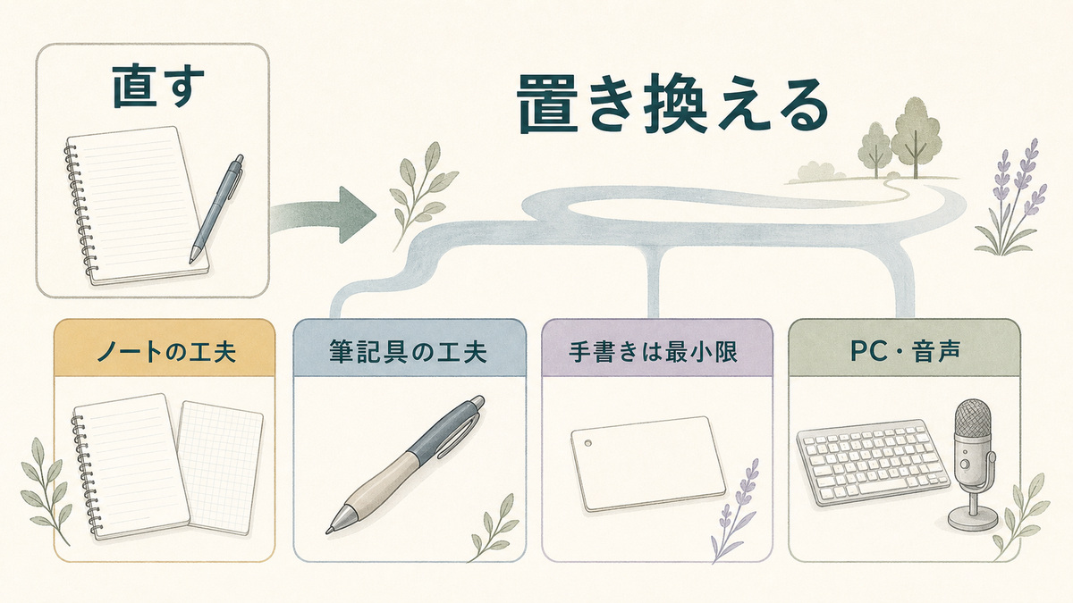 書く練習を直す目的にせず、ノートや筆記具の工夫を補助にしてPC・音声へ置き換える図解
