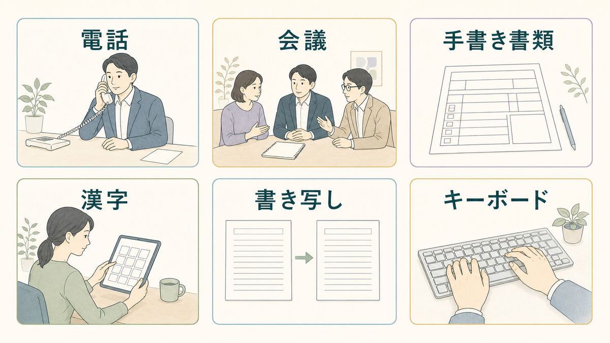 電話、会議、手書き書類、漢字、書き写し、キーボードという職場場面を整理した分類図