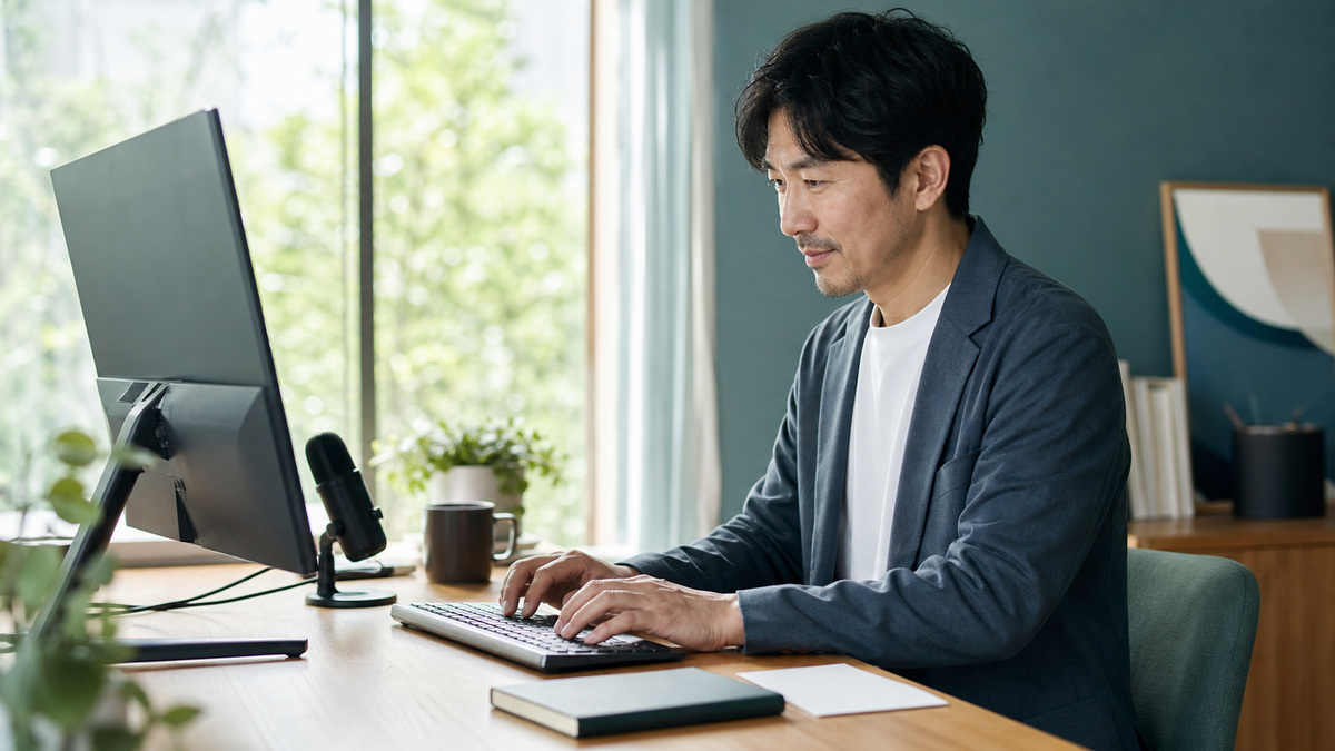 明るい作業環境でキーボードと音声入力を選び、自分に合う方法で働く日本人の会社員