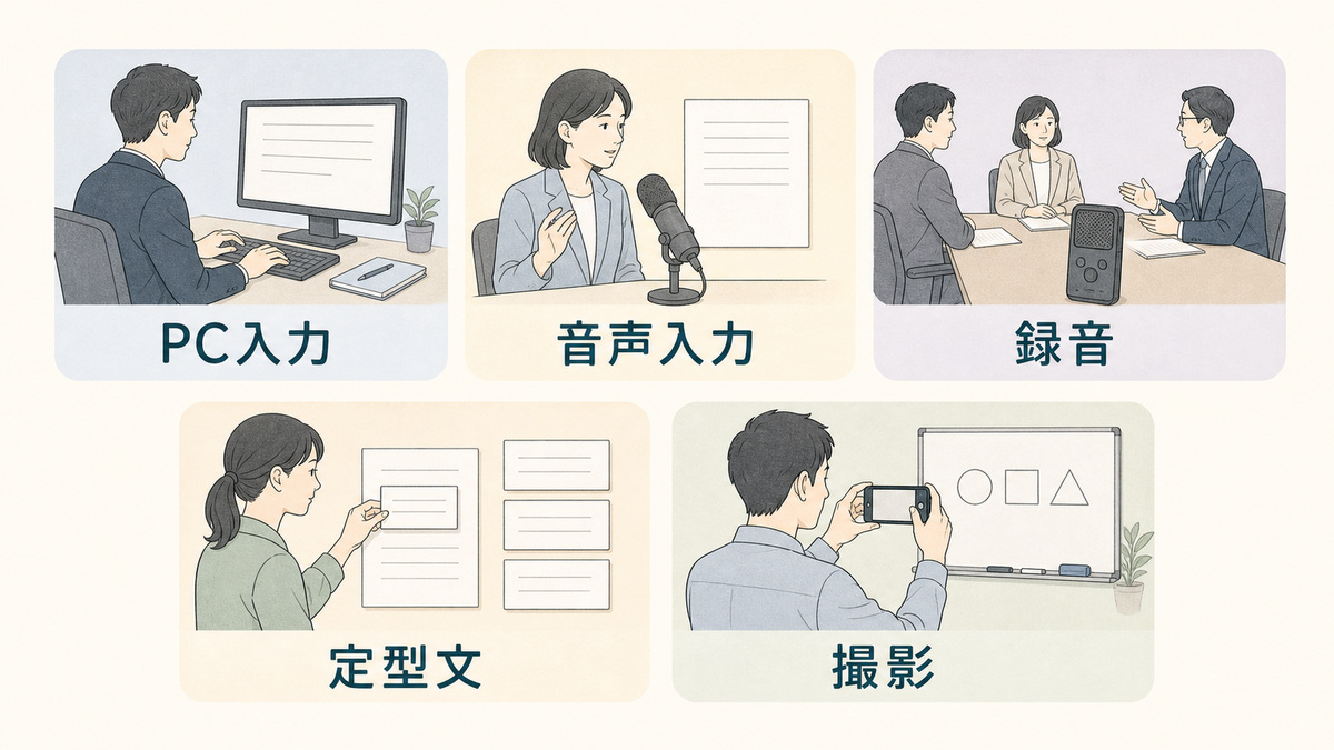 PC入力、音声入力、録音、定型文、撮影を普通の仕事道具として並べた対処図
