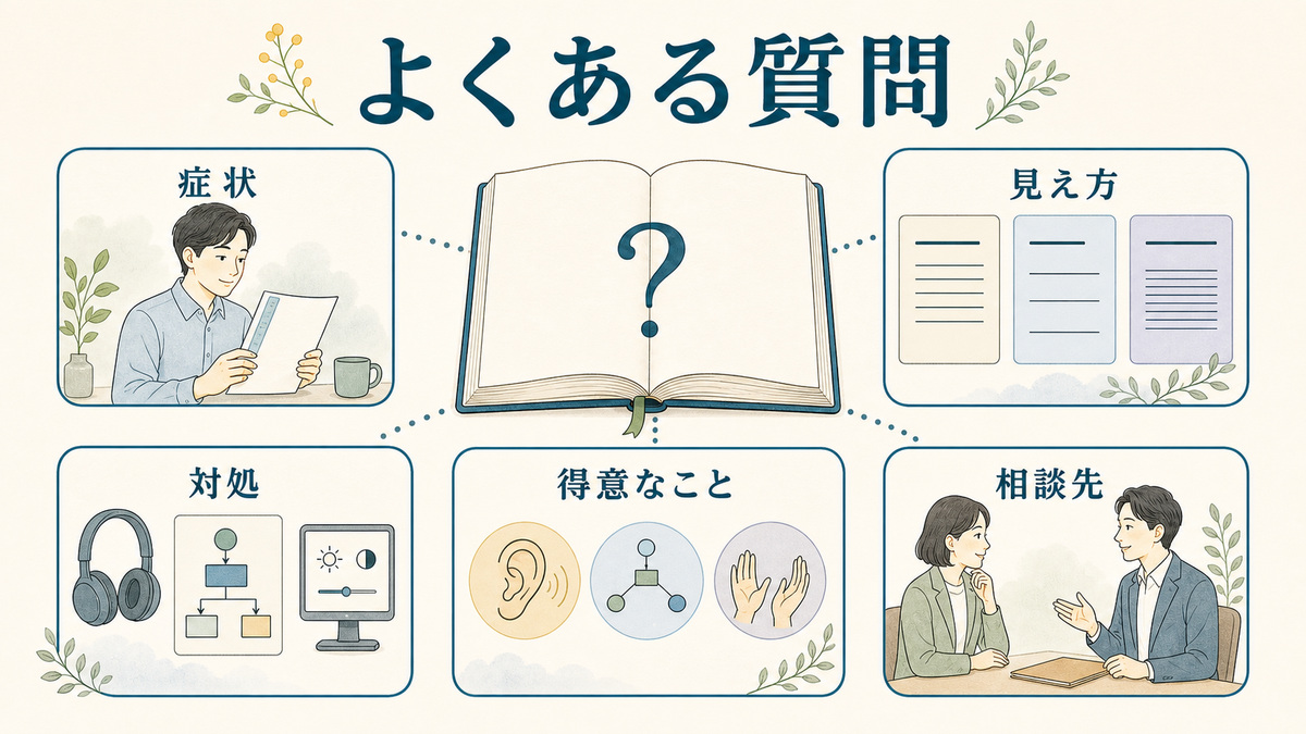 症状、見え方、対処、得意なこと、相談先の質問をノートの周囲に整理したFAQ図解