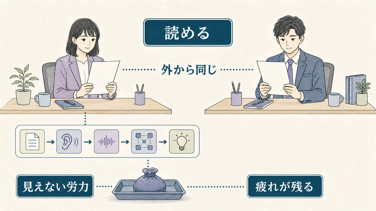 外から同じように読めていても、内側では見えない労力が積み重なることを示す図解
