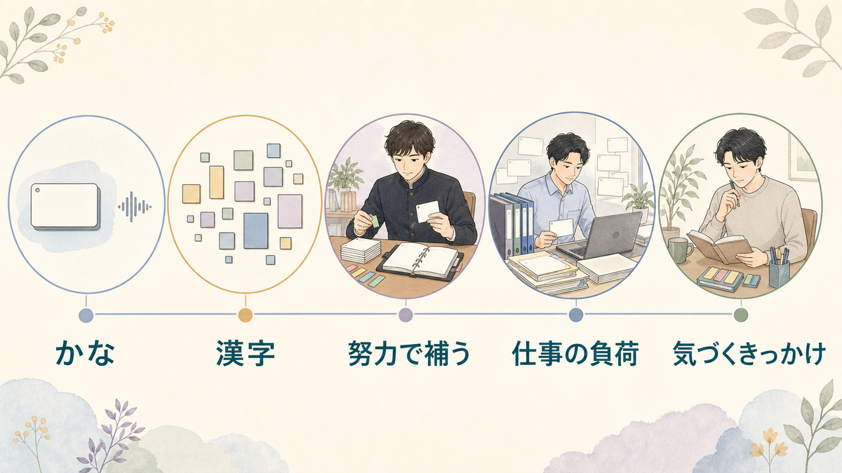 かなから漢字、学生時代から仕事へと読む負荷が増え、気づくきっかけに至る時間軸の図解