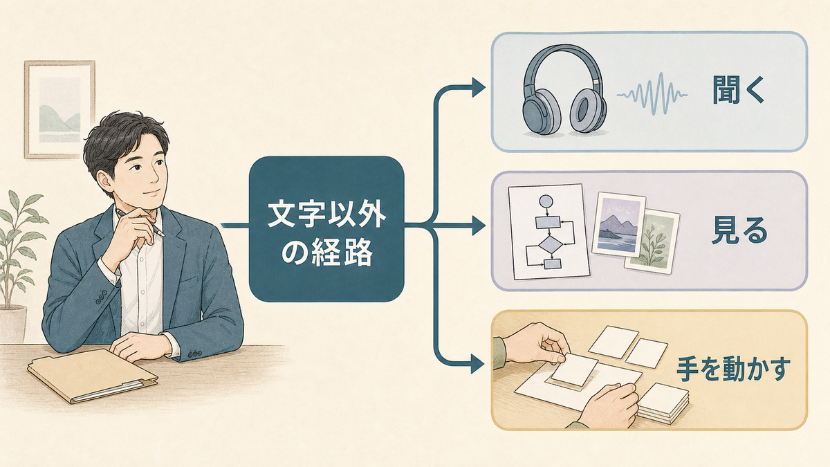 文字以外の経路として、聞く・見る・手を動かす方法を対等に並べた図解