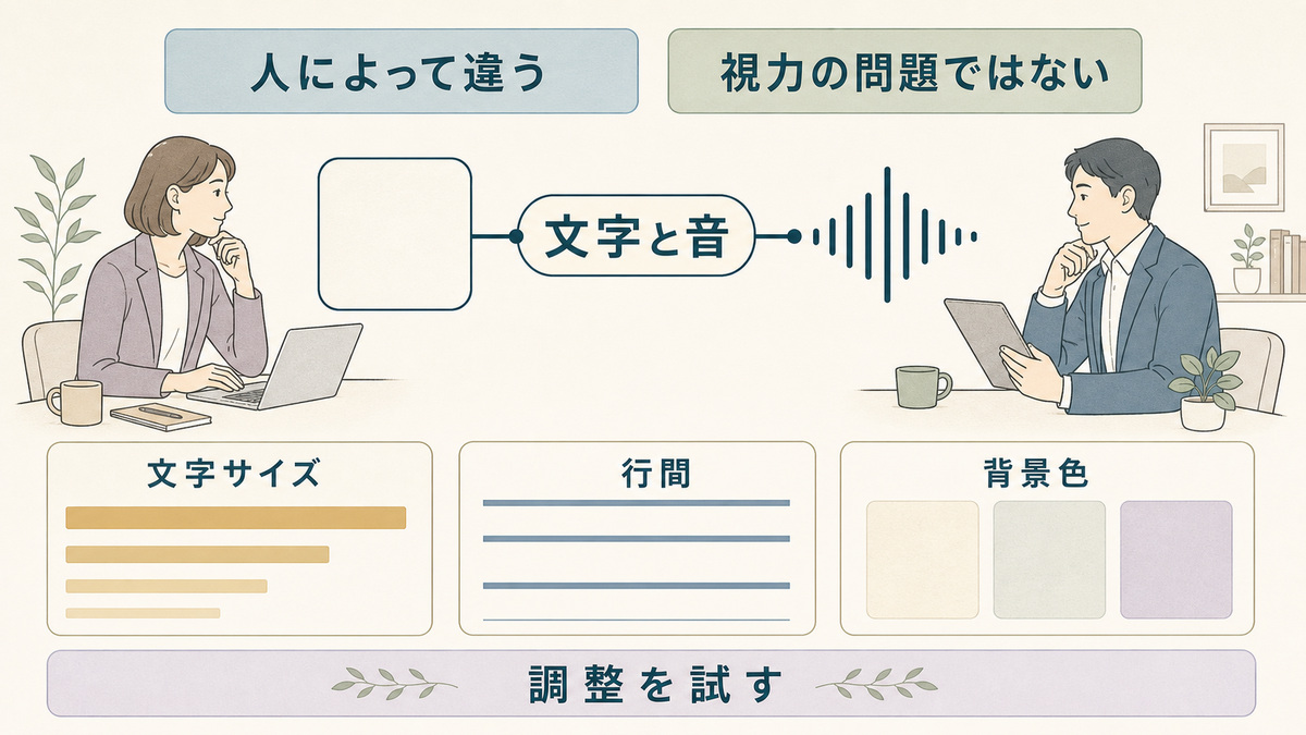 文字と音の結びつけを中心に、人による違いと文字サイズ・行間・背景色の調整を示した図解