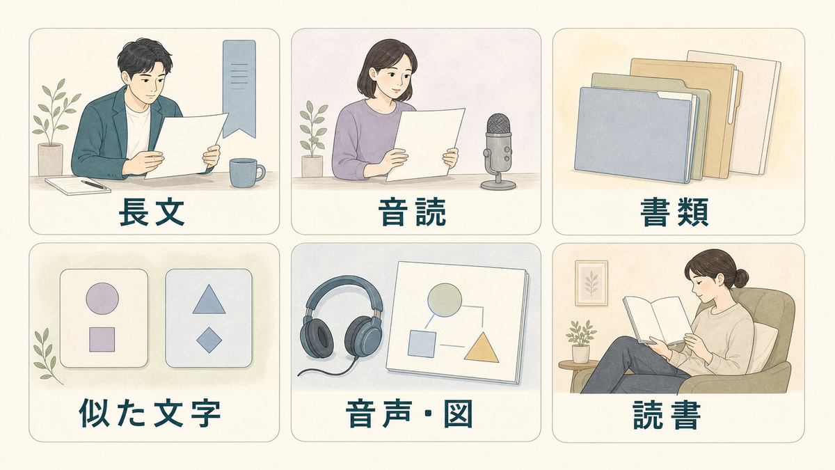 長文、音読、書類、似た文字、音声や図、読書という場面別のサインを整理した分類図