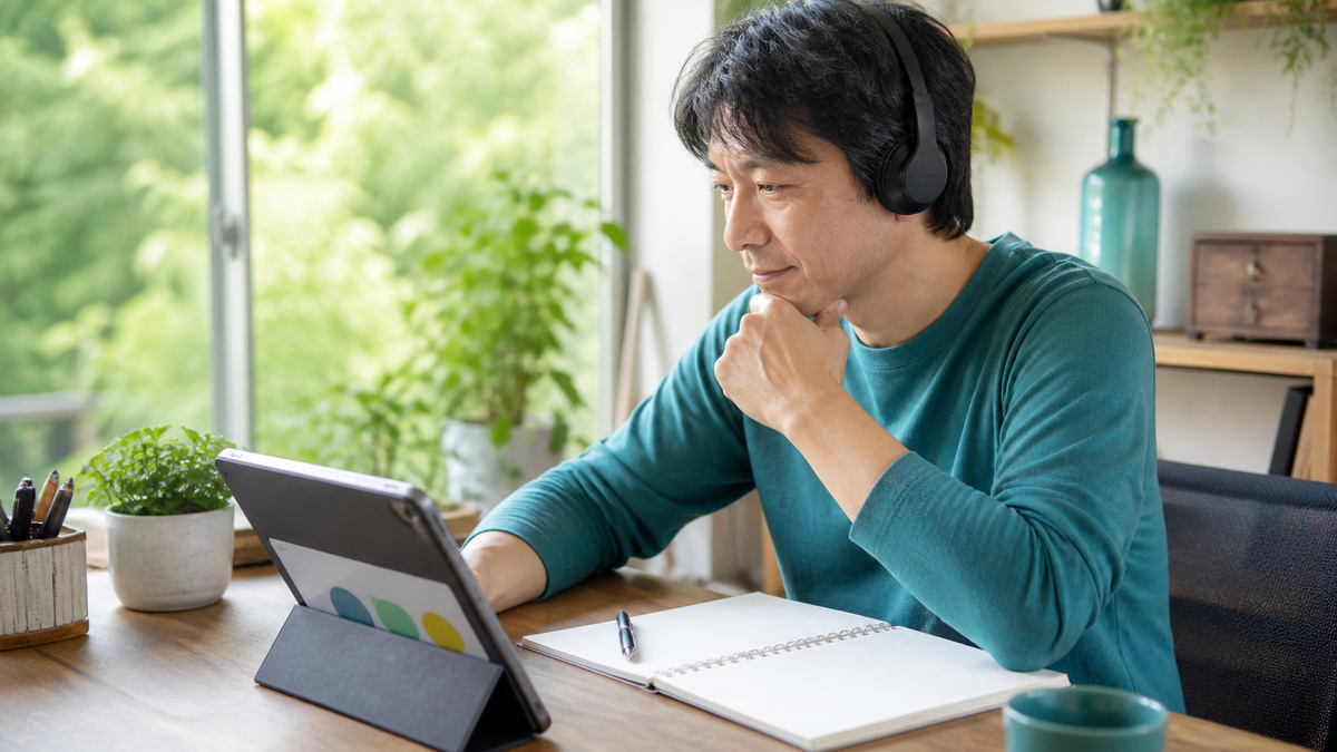 音声や図を取り入れた明るい作業環境で、自分に合う方法を選びながら働く日本人の会社員
