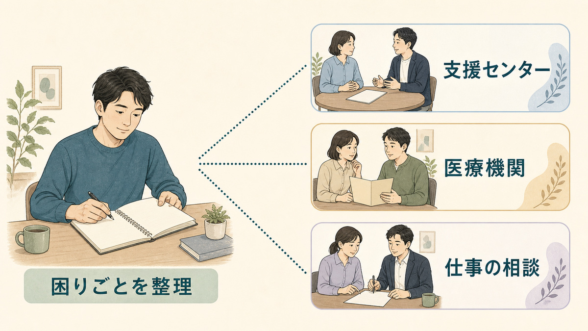 困りごとを整理した本人から、支援センター、医療機関、仕事の相談へ広がる相談先の図解