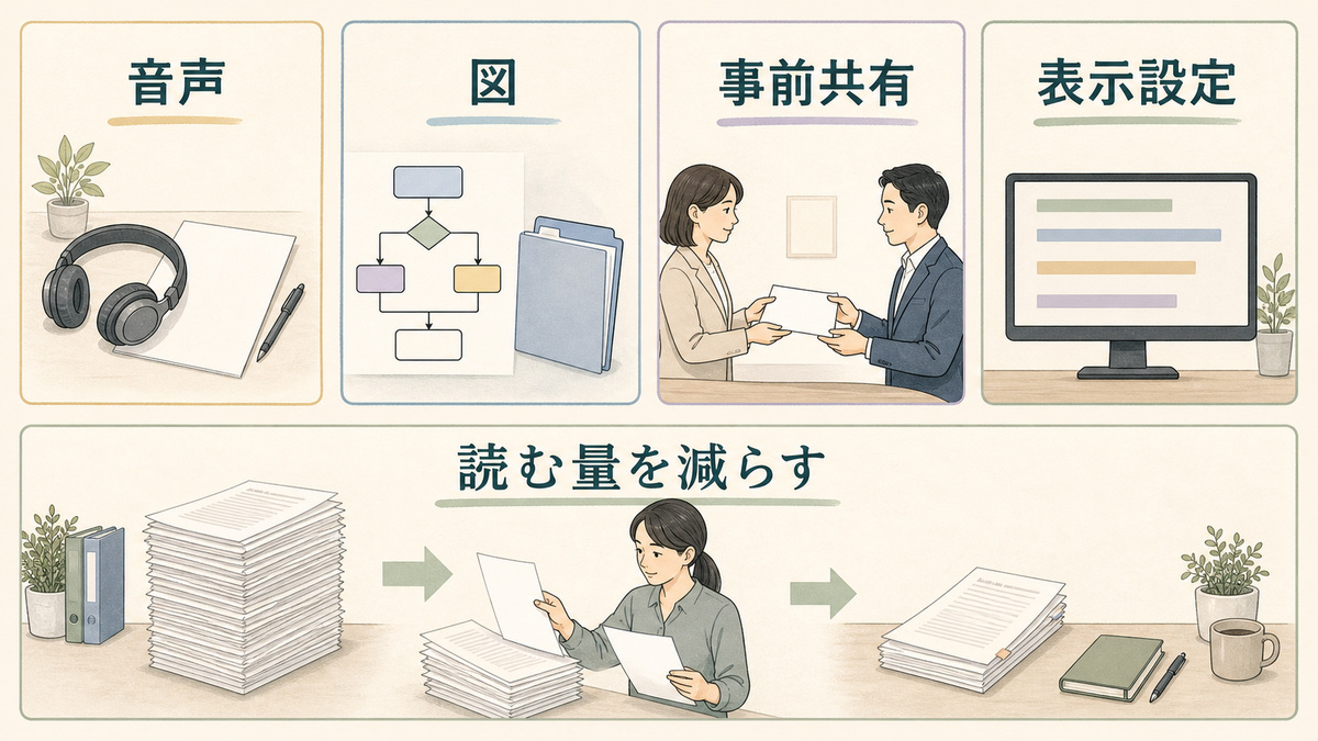 音声・図・事前共有・表示設定を普通の仕事道具として使い、読む量を減らす対処を示した図解