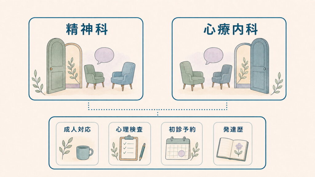 精神科と心療内科を対等に示し成人対応などの確認点を整理した図